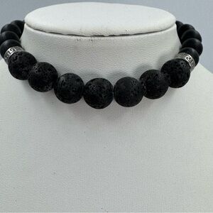 Black Lava Beaded Bracelet With Grecian Style Silver Tone Beads Adjustable Cord